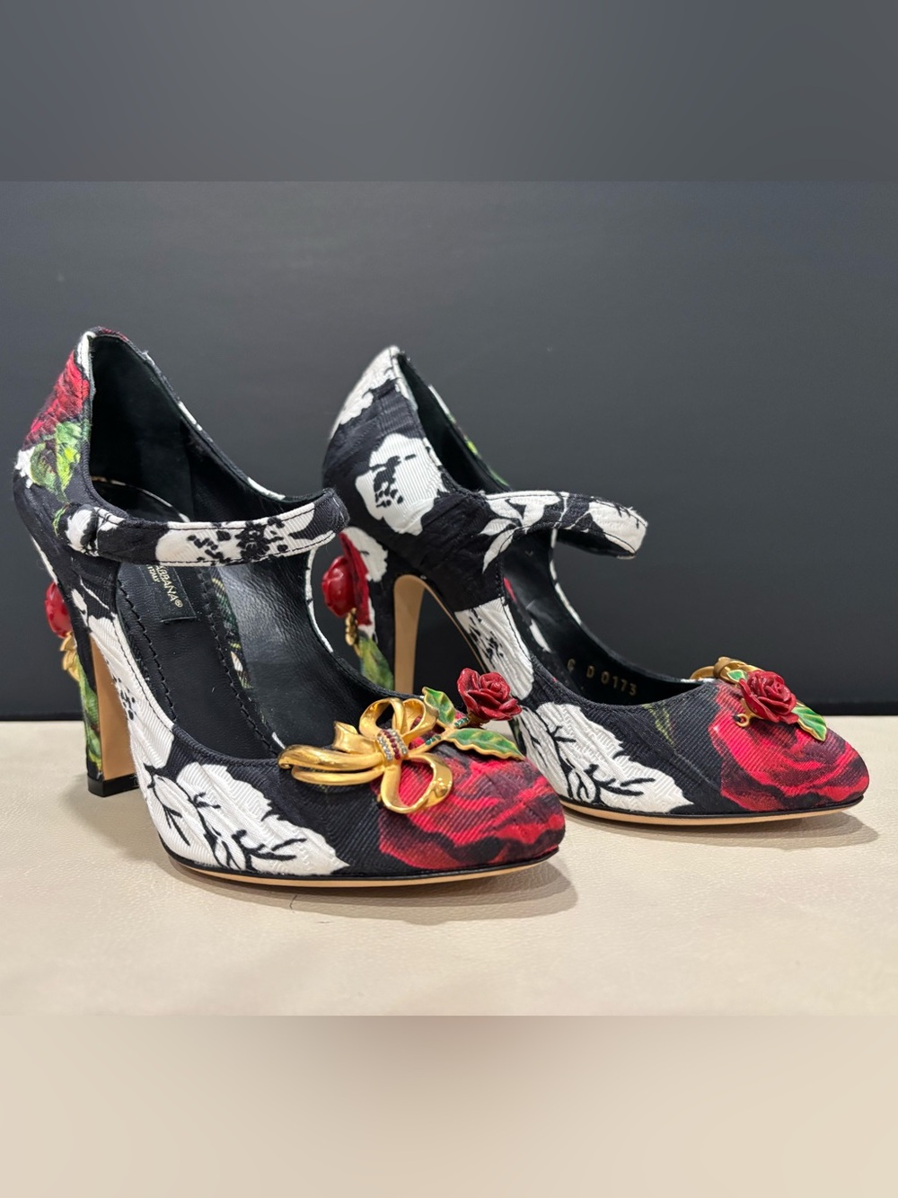 Dolce & Gabbana Pumps Black Floral Mary Janes w/ Rose Jewels Bridal Wedding Boho